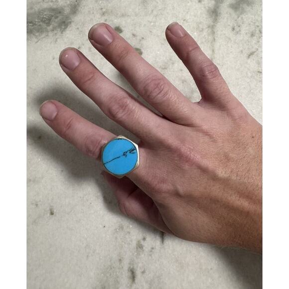 Sterling Silver Kingman Turquoise Inlay Ring Size 7.5 - Picture 1 of 7